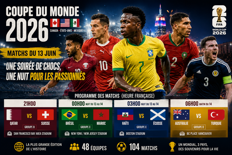Matchs du 13 juin Coupe du Monde 2026 : Brésil-Maroc, Suisse, Écosse