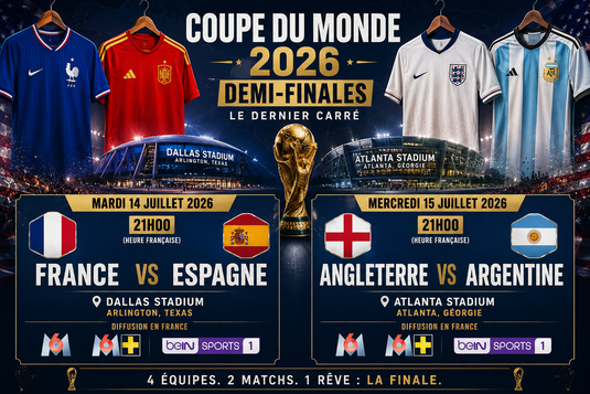 Programme demi-finales Coupe du Monde 2026 | France-Espagne | Angleterre-Argentine