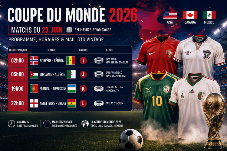 Matchs du 23 juin Coupe du Monde 2026 : horaires en France, programme et maillots vintage