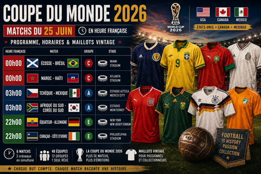 Matchs du 25 juin Coupe du Monde 2026 : horaires en France, programme et maillots vintage