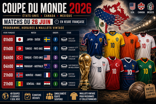 Matchs du 26 juin Coupe du Monde 2026 : horaires en France, programme et maillots vintage