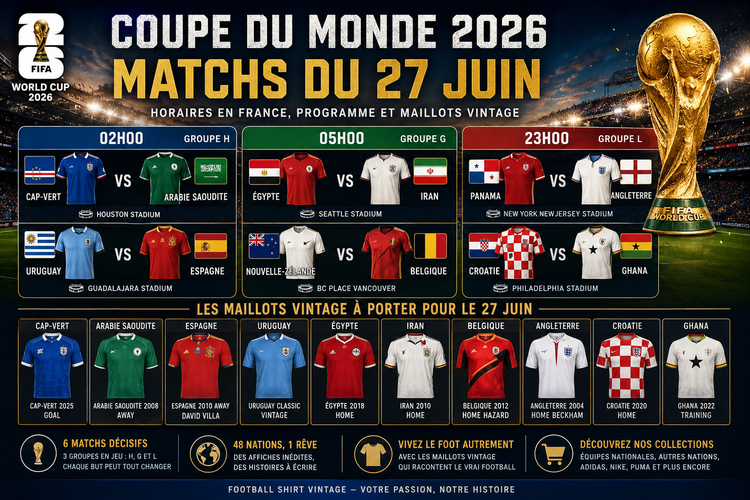 Matchs du 27 juin Coupe du Monde 2026 : horaires en France, programme et maillots vintage