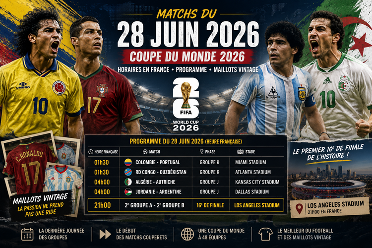 Matchs du 28 juin Coupe du Monde 2026 : horaires en France, programme et maillots vintage